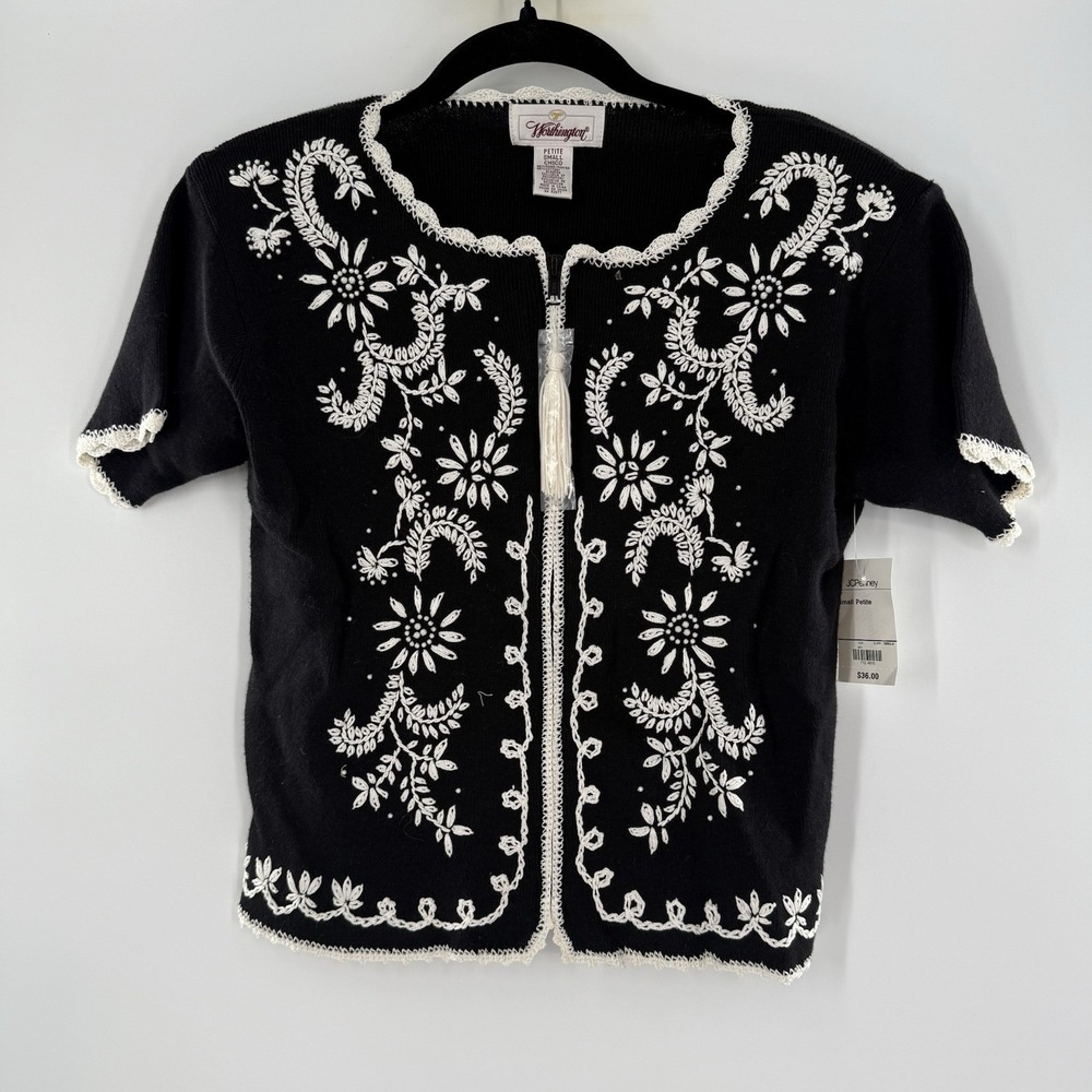 Vintage Worthington Embroidered Crochet Black Knit Cardigan Petite Small Chino